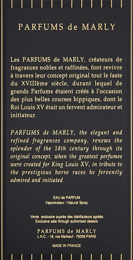 Parfums de Marly advertisement with text on a black background