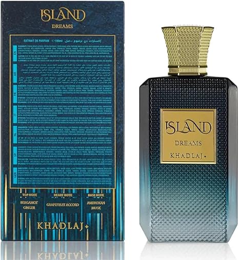 Perfume bottle and packaging of Island Dreams by Khadlaj on a white background