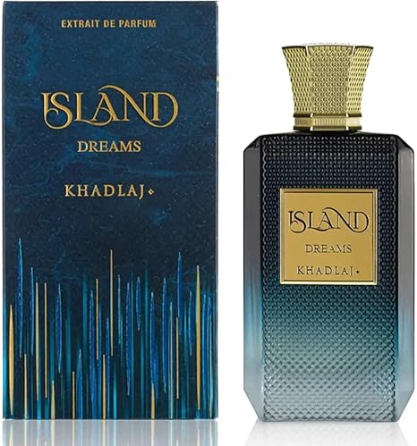 Perfume bottle and packaging of 'Island Dreams' by Khadlaj on a white background