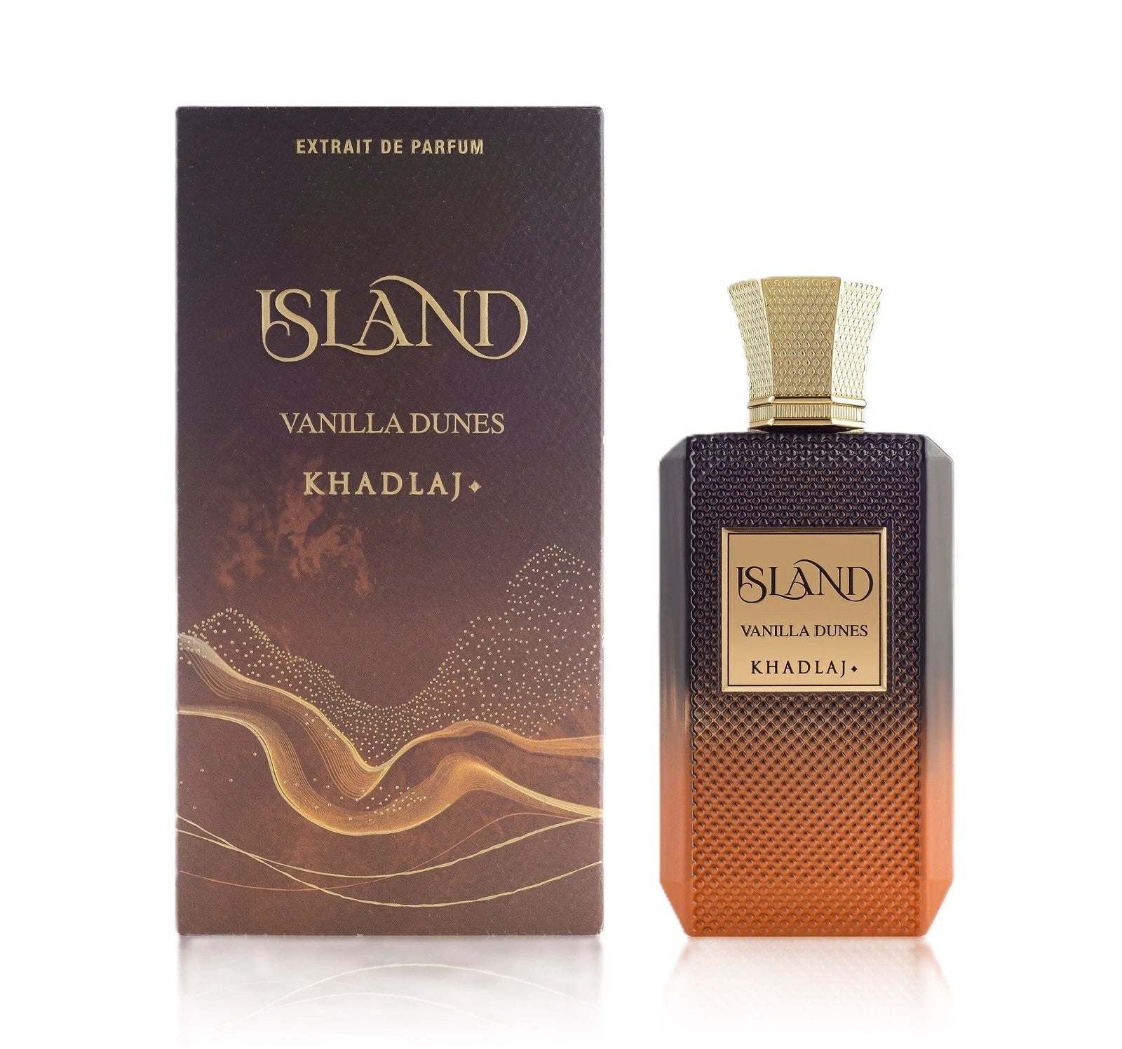 Perfume bottle and packaging of 'Island Vanilla Dunes Khadlaj' on a white background