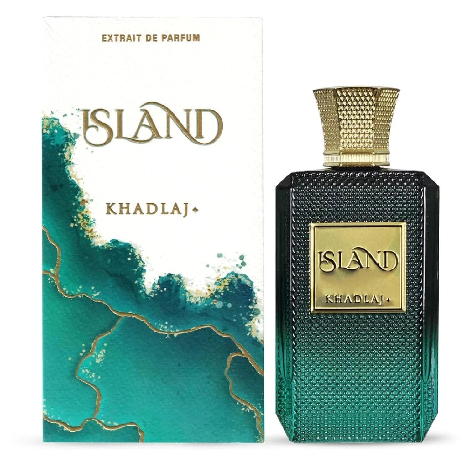 Perfume bottle and packaging of 'Island' by Khadlaj on a white background