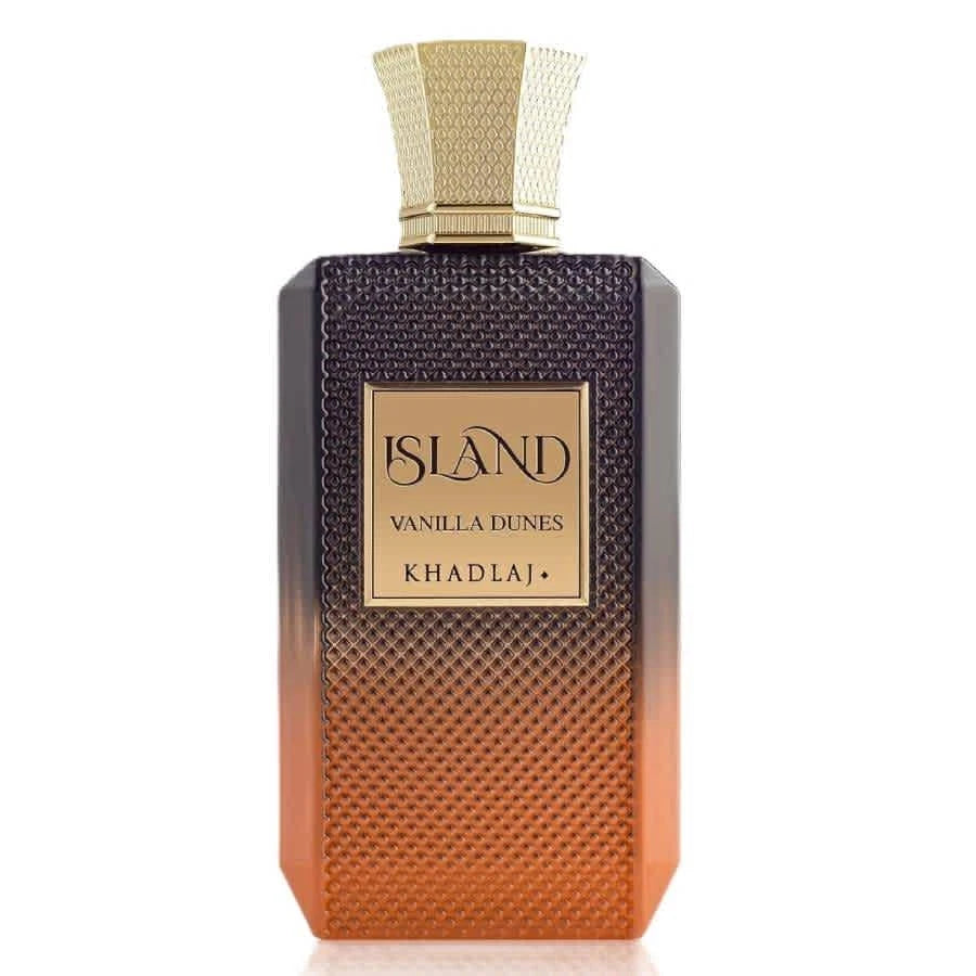 Perfume bottle labeled 'Island Vanilla Dunes Khadlaj' with textured design on a white background