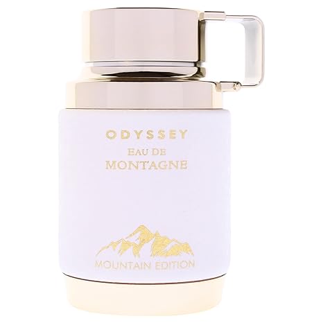 Perfume bottle labeled 'Odyssey Eau de Montagne' on a white background