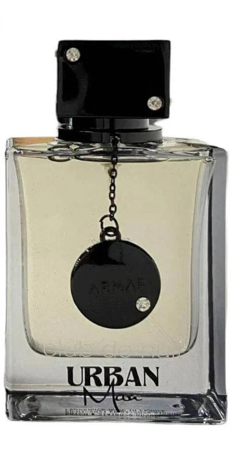 Perfume bottle labeled 'Urban' with a black cap and decorative chain on a white background