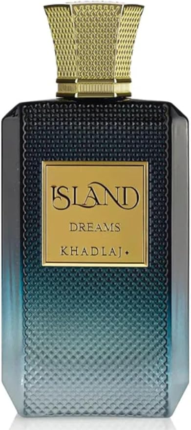 Perfume bottle with 'Island Dreams Khadlaj' label on a dark background