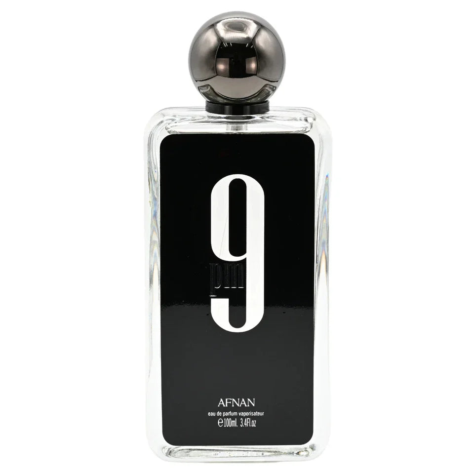 Perfume bottle with black label and silver cap on a white background