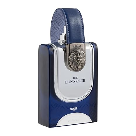 Perfume bottle with blue and silver design featuring a lion emblem on a white background
