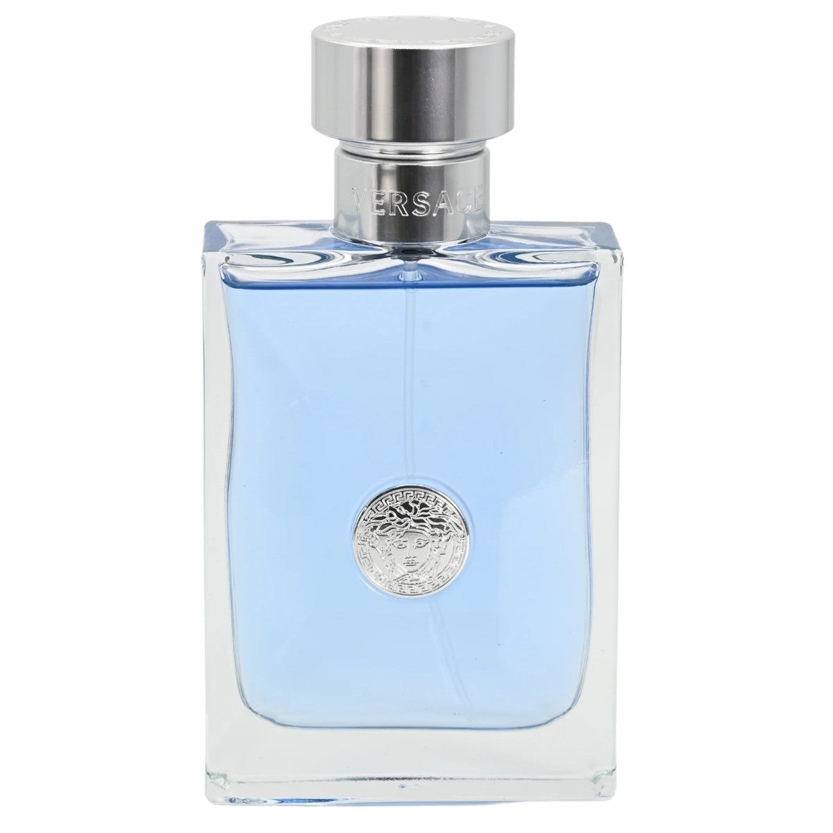 Perfume bottle with blue liquid and silver cap on a white background