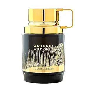 Perfume bottle with gold cap and black body featuring a tiger design on a white background