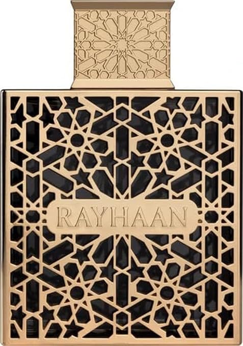 Perfume bottle with intricate geometric design and 'Rayhaan' branding.