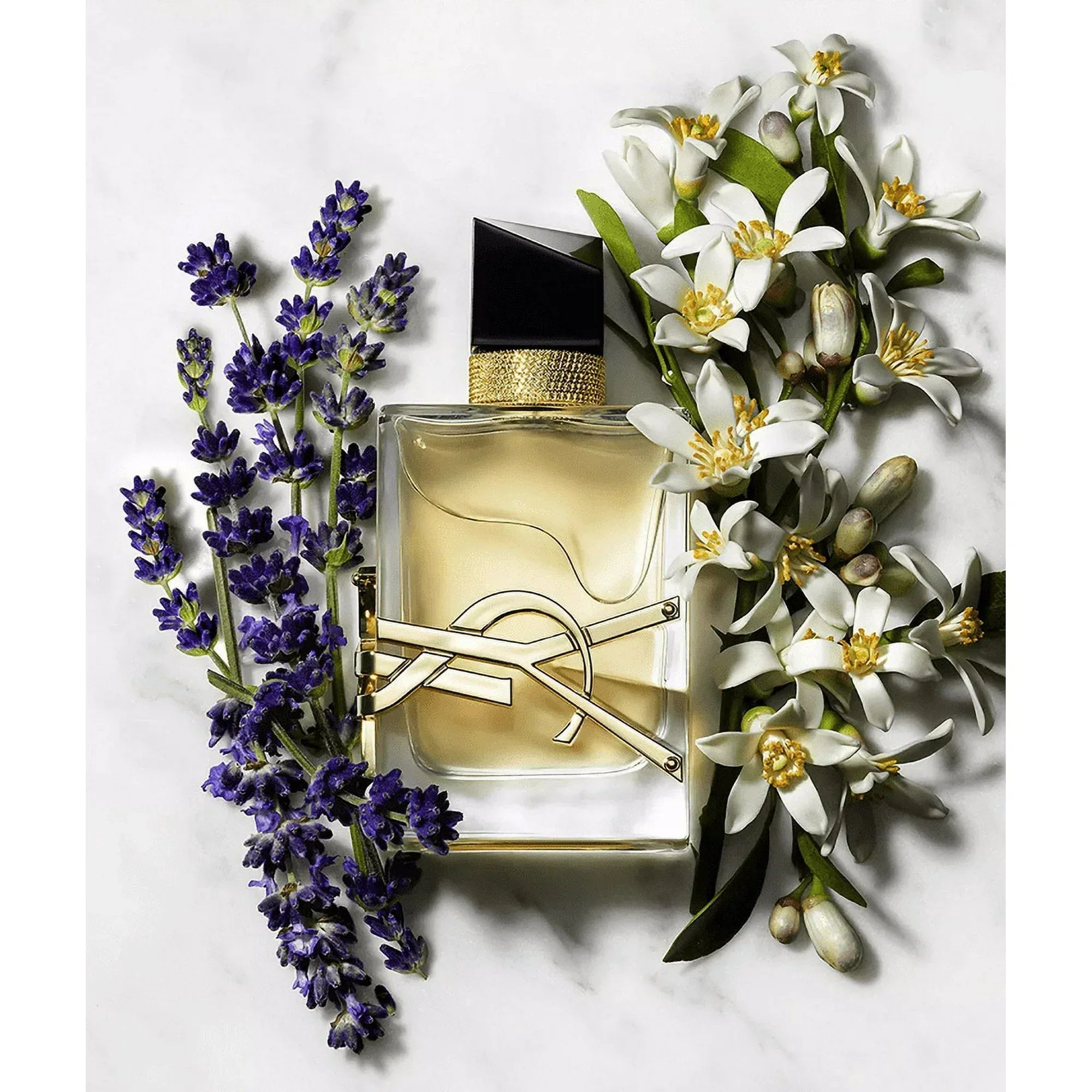 Perfume bottle with lavender and orange blossom flowers on a white background