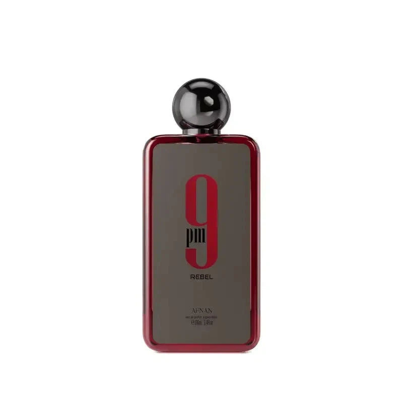Perfume bottle with red and black design on a white background