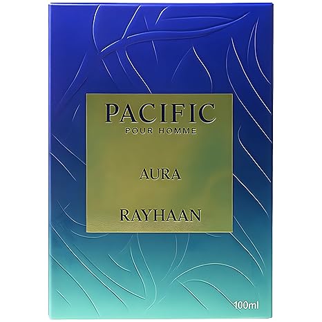 Perfume packaging with 'Pacific Pour Homme Aura Rayhaan' text on a blue and green gradient background