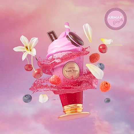 Pink and red cupcake-shaped perfume bottle with ARMAF branding on a colorful background
