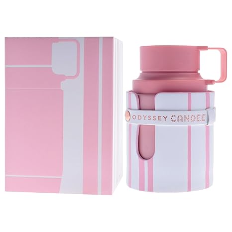 Pink and white striped container with 'Odyssey Candy' branding on a white background