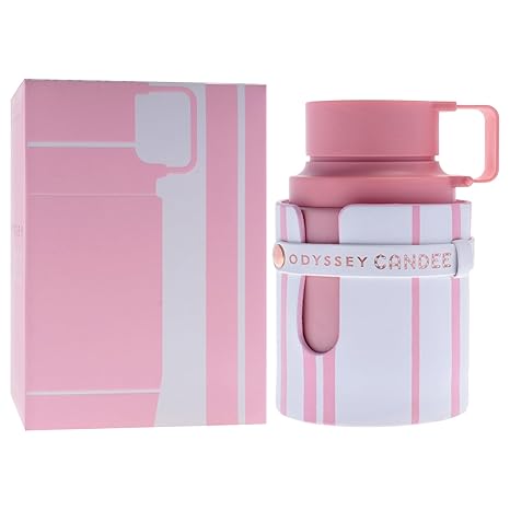 Pink and white striped perfume bottle with matching packaging on a white background