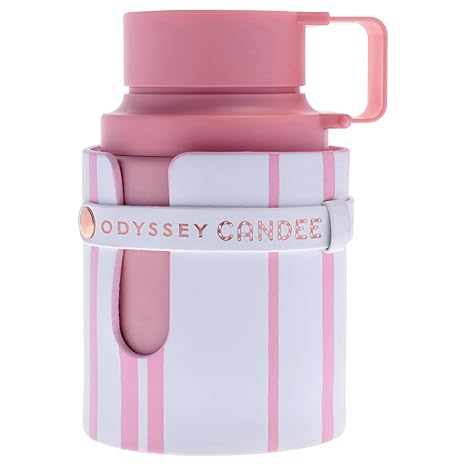 Pink and white striped water bottle with 'Odyssey Candee' branding on a white background