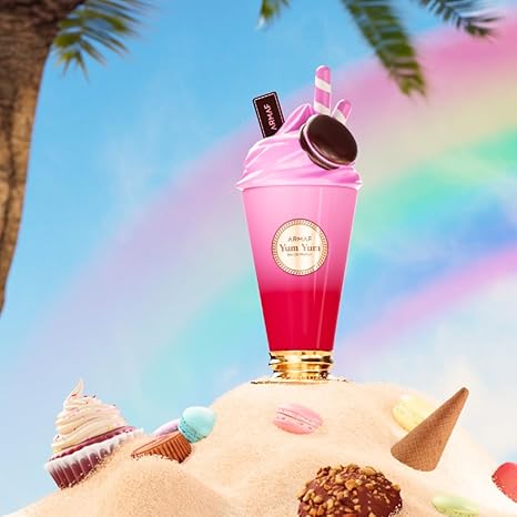 Pink ice cream-themed product with a rainbow and palm trees in the background