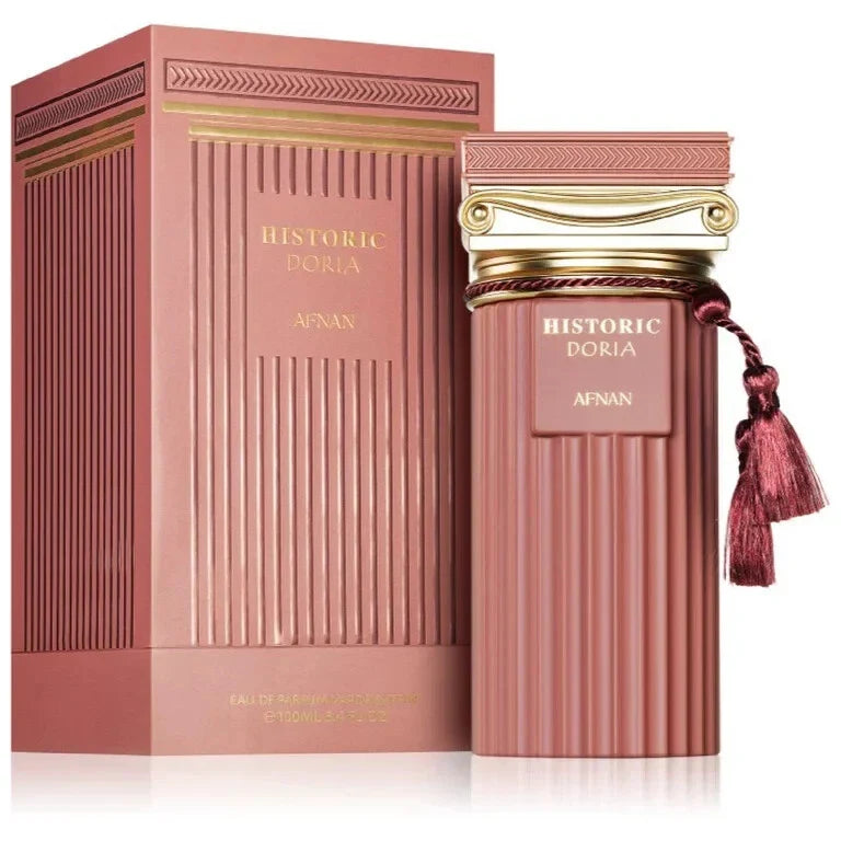 Pink perfume bottle and packaging with 'Historic Doria' branding on a white background