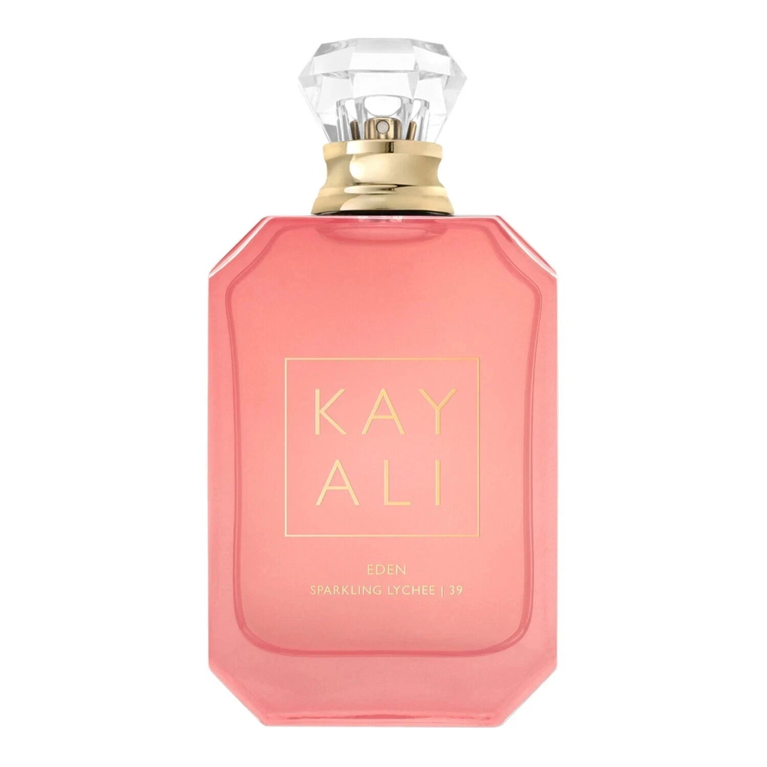 Pink perfume bottle with 'KAY ALI' branding on a white background