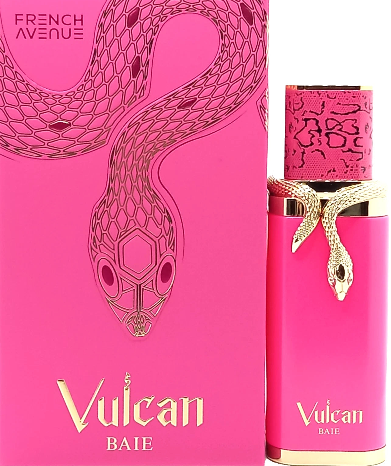 Pink perfume bottle with snake design and 'Vulcan' branding on a pink background