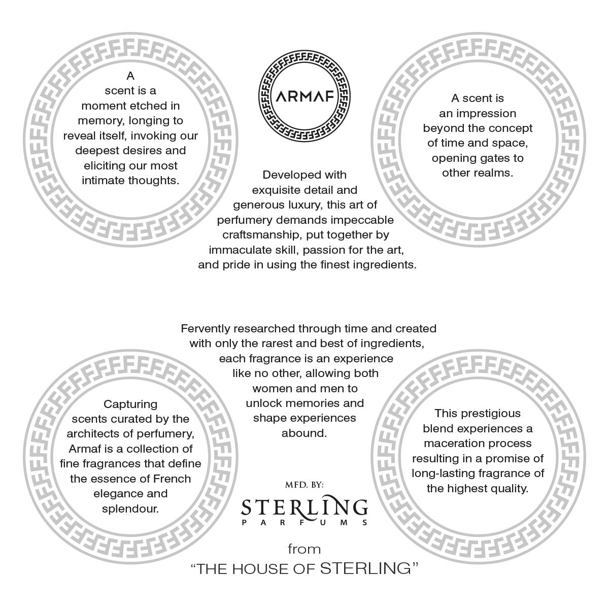 Promotional text for Armaf perfume, featuring the brand logo and descriptive text about the fragrance's quality and inspiration.