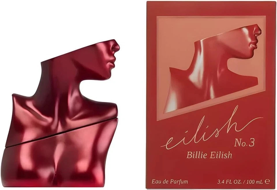 Red perfume bottle and packaging with 'eillish' branding on a white background