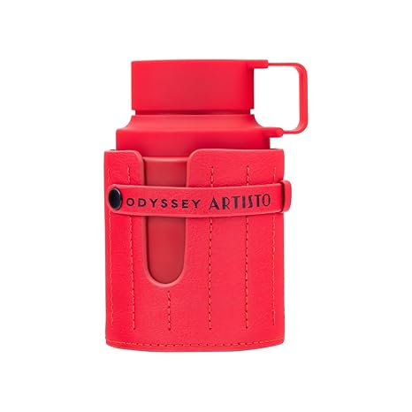 Red water bottle with Odyssey Artisto branding on a white background