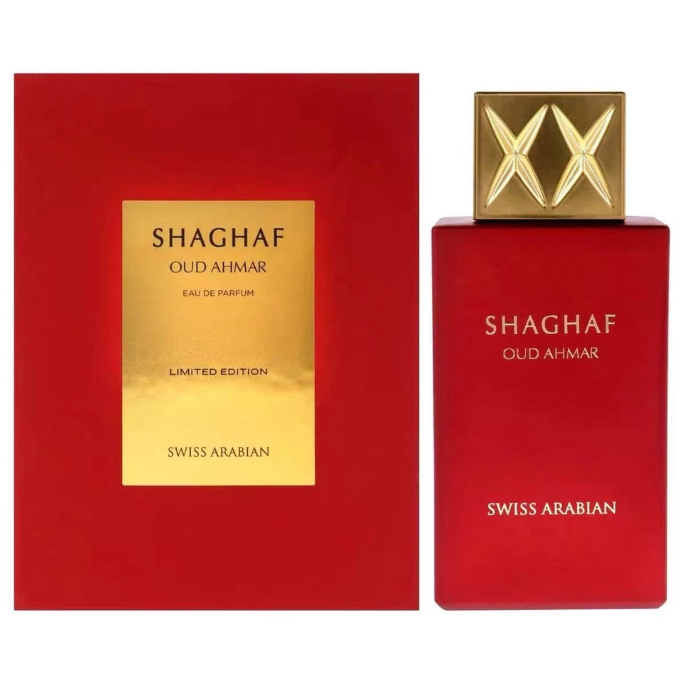 Swiss Arabian Shaghaf Oud Ahmar Eau de Parfum shown with its red box and matching red bottle, both featuring a gold label and a gold cap with an XX design.