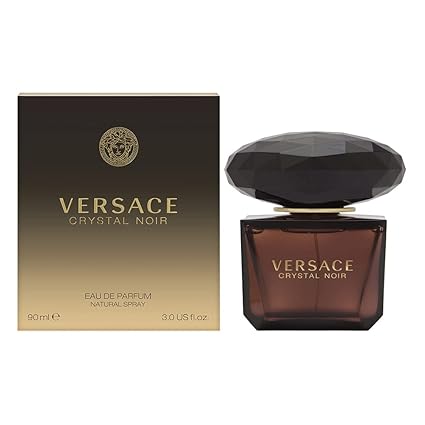Versace Crystal Noir perfume bottle and packaging on a white background