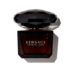 Versace Crystal Noir perfume bottle with a black gem on top against a white background
