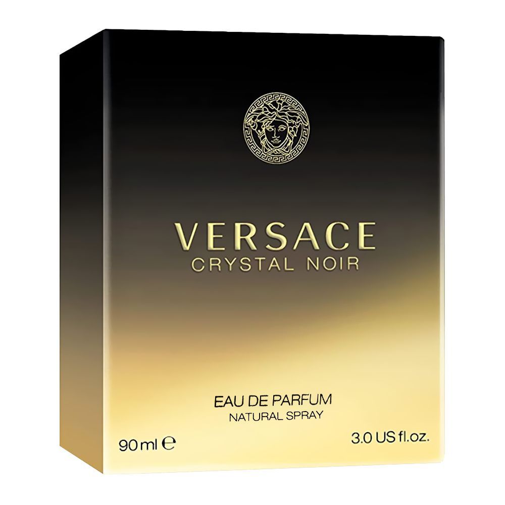 Versace Crystal Noir perfume box with gold and black gradient design.