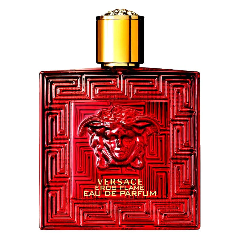 Versace Eros Flame Eau de Parfum bottle with red design and gold cap on a white background