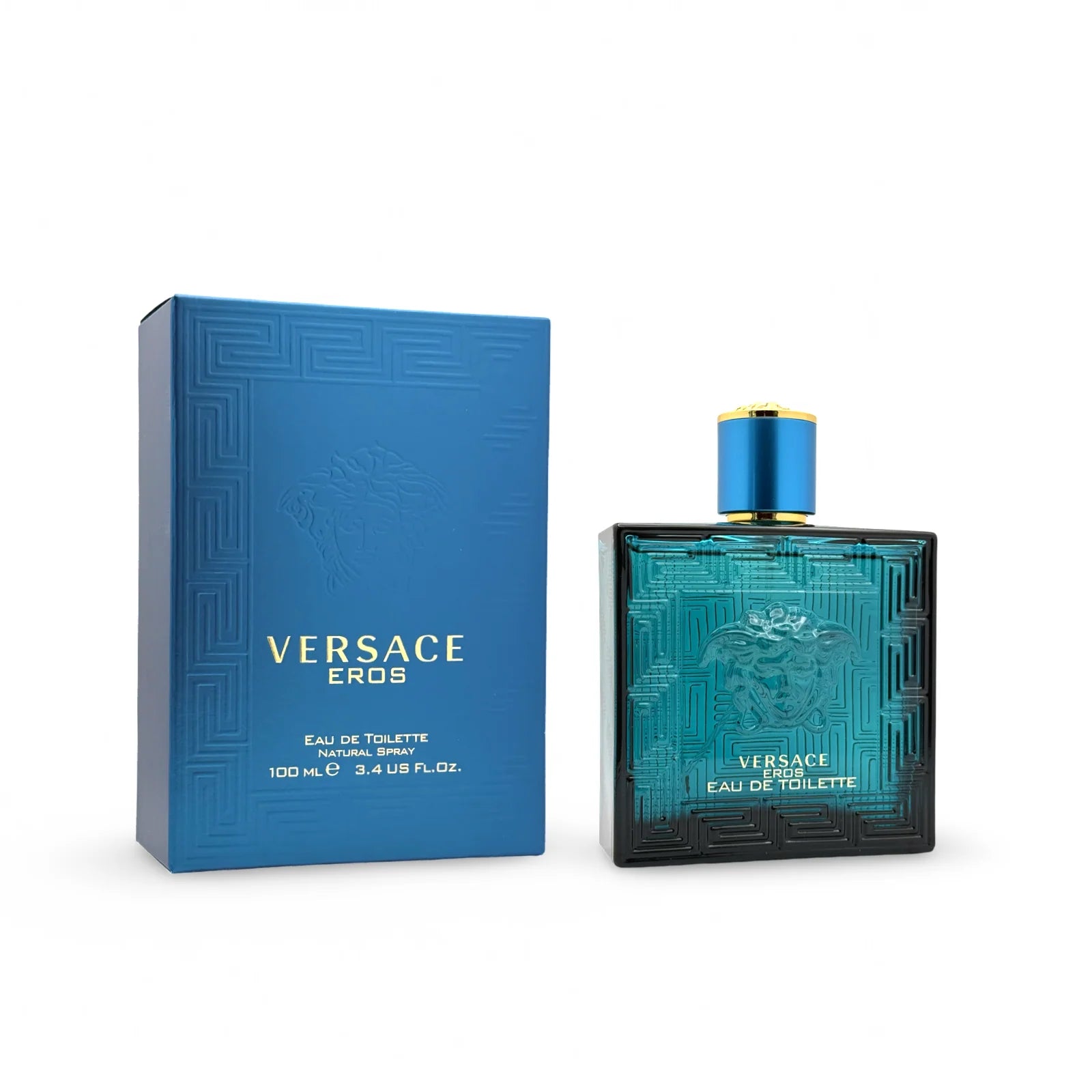 Versace Eros perfume bottle and packaging on a white background