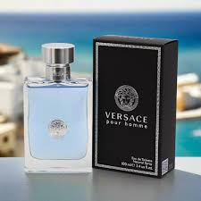 Versace perfume bottle and packaging with a scenic background