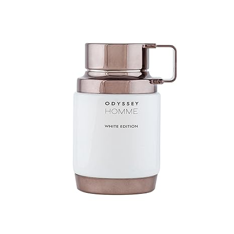 White and rose gold bottle labeled 'Odyssey Homme White Edition' on a white background