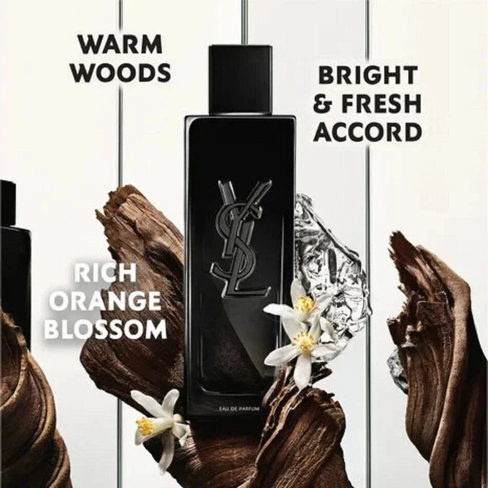 YSL perfume bottle with floral elements and text describing fragrance notes on a white background