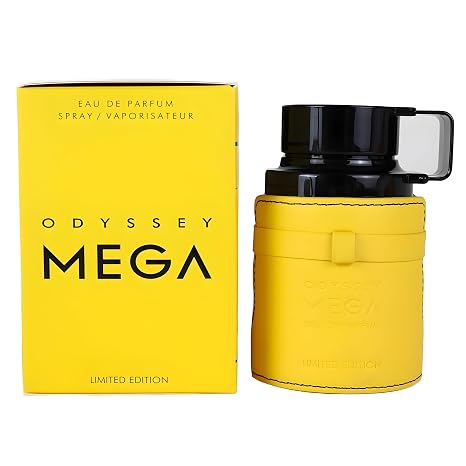 Yellow Odyssey Mega perfume bottle and packaging on a white background