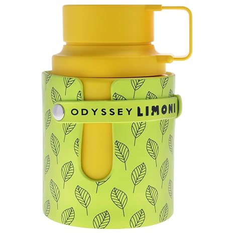Yellow and green thermos with leaf pattern and 'Odyssey Limoni' branding on a white background