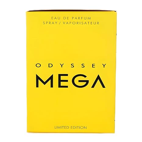 Yellow box of Odyssey Mega Eau de Parfum on a white background