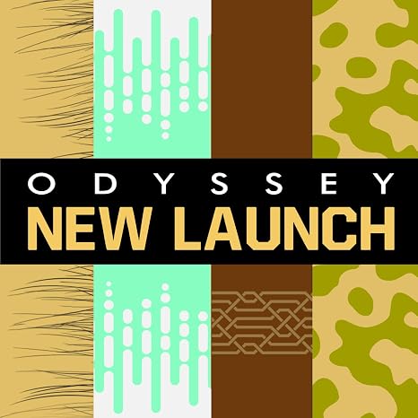 Promotional graphic for 'Odyssey New Launch' with patterned backgrounds and text.