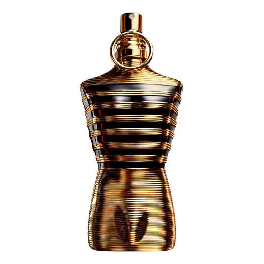 Gold and black striped perfume bottle on a white background